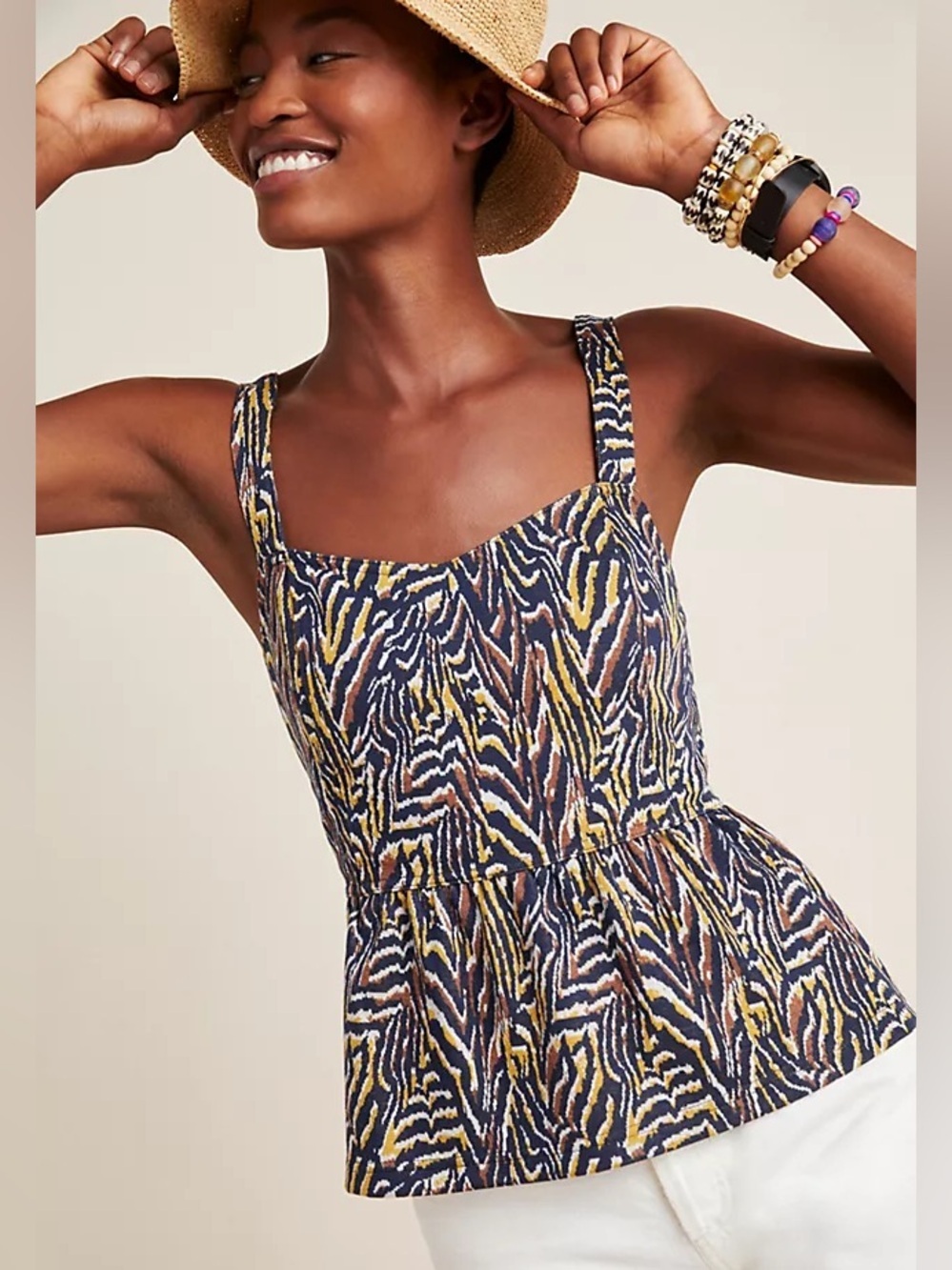 Anthropologie Tank Top Women Small Jamie Zebra Peplum Navy Blue Marin Brown